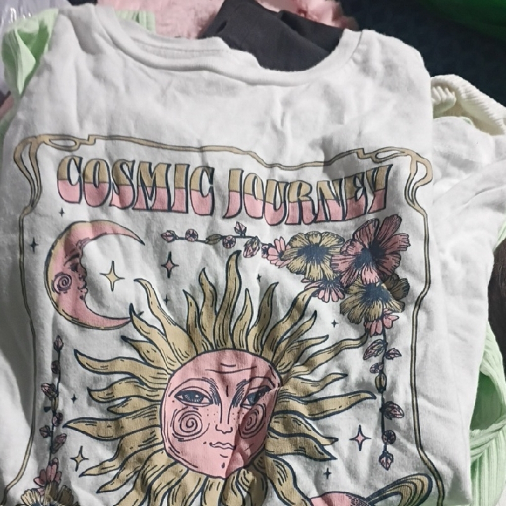 Cosmic Journey Graphic Tee - White with Pink & Gold Sun Design
